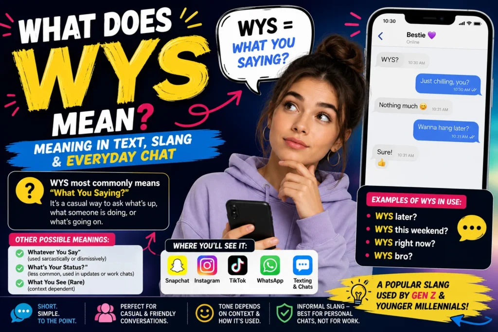 Featured image for "WYS Meaning: What Does WYS Mean in Text, Snapchat, TikTok & Slang" showing a young person using a smartphone with chat bubbles displaying "WYS?" and messaging icons. The colorful social media-themed infographic explains that WYS most commonly means "What You Saying?" and highlights its use in texting, Snapchat, TikTok, Instagram, WhatsApp, online chats, and modern internet slang conversations.