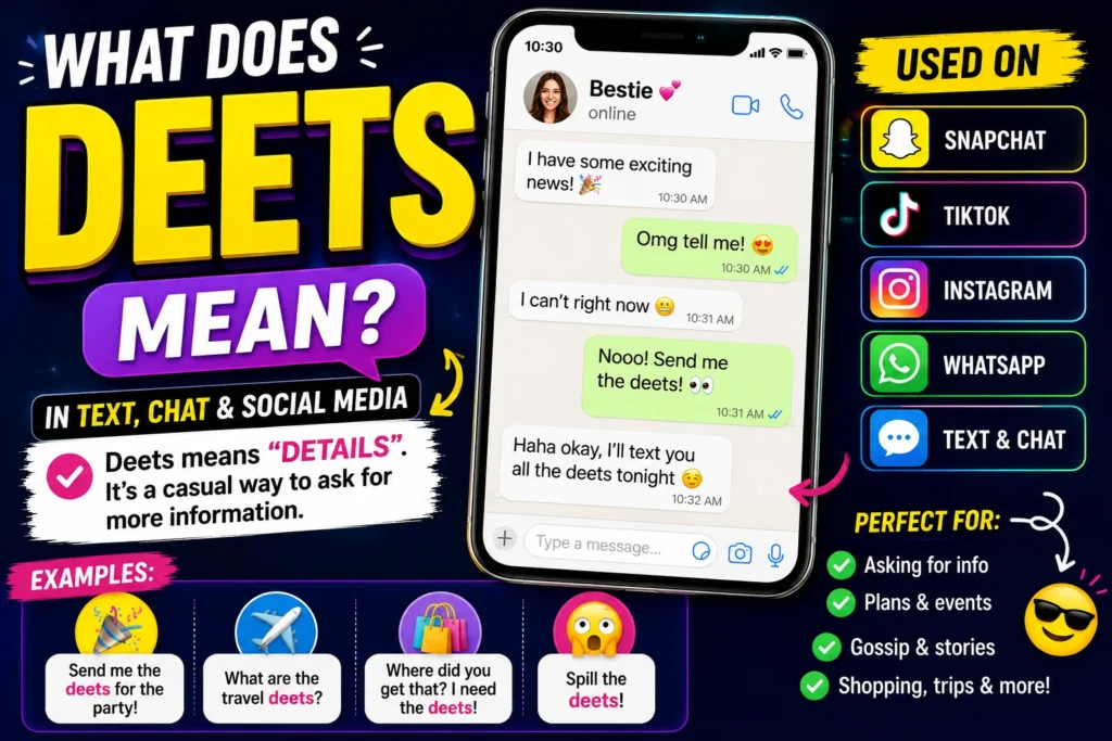 "Featured image explaining the deets meaning in text, showing that 'deets' means 'details' with examples of its use on Snapchat, TikTok, Instagram, WhatsApp, and everyday chat conversations."