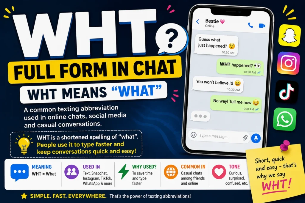 Colorful featured image explaining the WHT full form in chat, showing a smartphone with text message examples, bold “WHT” typography, and social media icons for Snapchat, Instagram, TikTok, and WhatsApp. The graphic illustrates that WHT means “What” and is commonly used as a texting abbreviation in online chats and social media conversations.