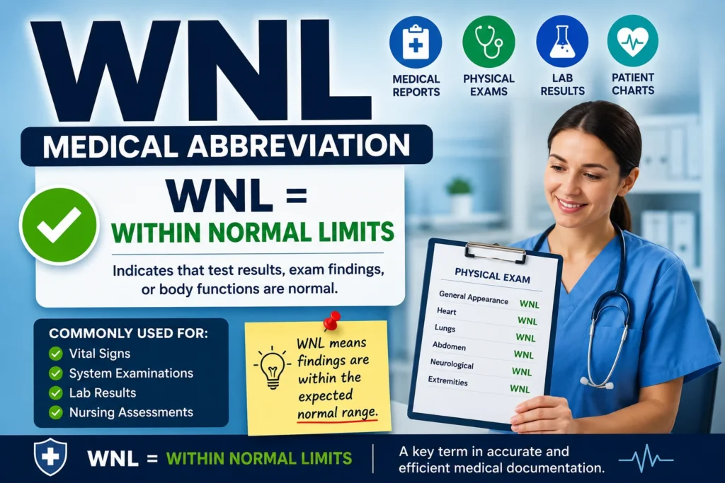 Professional healthcare infographic explaining the WNL medical abbreviation, featuring a smiling nurse holding a patient assessment clipboard. Large headline reads “WNL Medical Abbreviation” with the definition “WNL = Within Normal Limits.” The image includes medical icons representing physical exams, lab results, patient charts, and medical reports, along with examples showing heart, lungs, abdomen, neurological assessment, and vital signs documented as WNL.