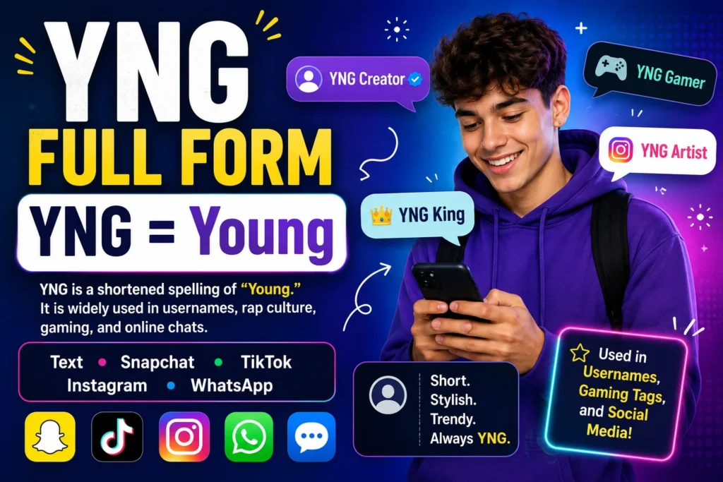 Young person holding a smartphone beside large text reading “YNG Full Form – YNG = Young,” with social media icons, chat bubbles, and examples of YNG usernames used on TikTok, Instagram, Snapchat, WhatsApp, and gaming platforms.