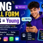 Young person holding a smartphone beside large text reading “YNG Full Form – YNG = Young,” with social media icons, chat bubbles, and examples of YNG usernames used on TikTok, Instagram, Snapchat, WhatsApp, and gaming platforms.