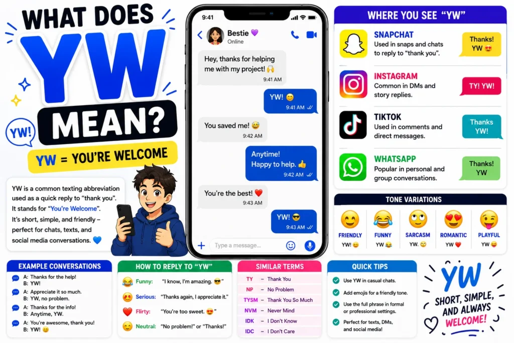 Colorful infographic explaining the meaning of “YW” in text messages and social media. The image shows a smartphone chat where “YW” is used as a reply to “thank you,” alongside examples from Snapchat, Instagram, TikTok, and WhatsApp. It highlights that YW stands for “You’re Welcome,” includes tone variations, response examples, similar slang terms, and practical texting tips.