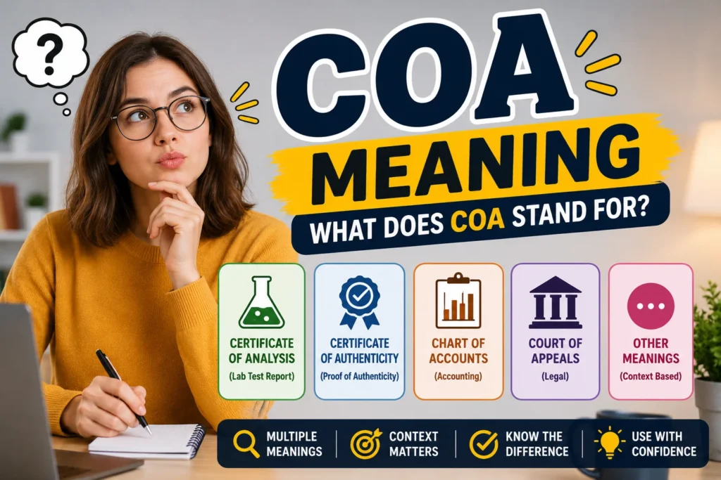 "Featured image for 'COA Meaning' showing a thoughtful young woman with the keyword 'COA Meaning' and its common definitions: Certificate of Analysis, Certificate of Authenticity, Chart of Accounts, Court of Appeals, and other context-based meanings."
