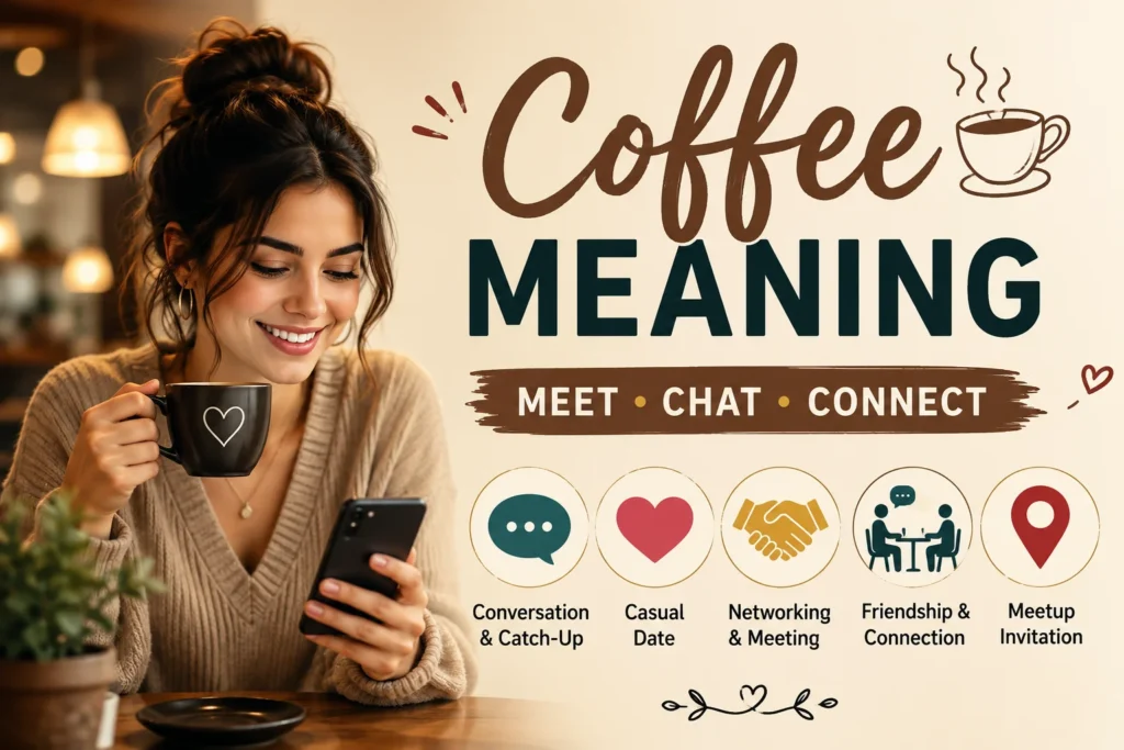 Young woman holding a coffee mug and checking her phone in a cozy café, with icons showing coffee slang meaning related to meeting people, chatting, casual dates, networking, friendship, and social connections.