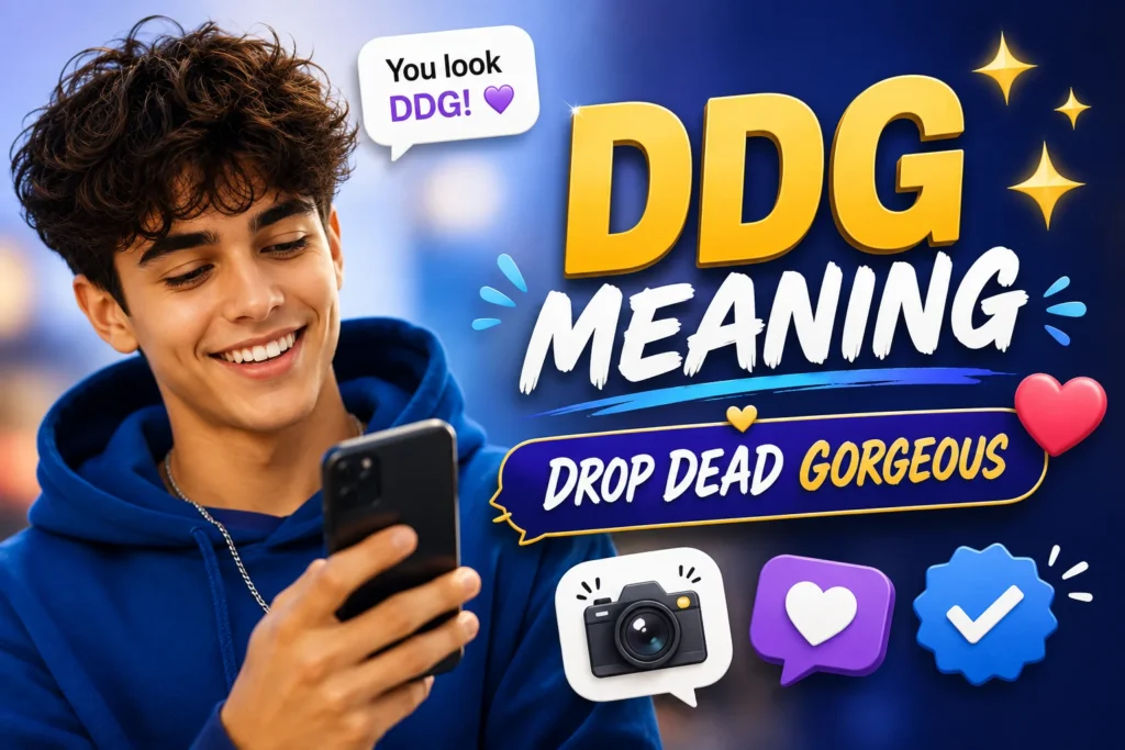 Young man smiling while checking his phone with large “DDG Meaning” text, heart, camera, star, and checkmark icons illustrating the slang meaning “Drop Dead Gorgeous” in a colorful social media-style featured image.