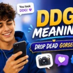 Young man smiling while checking his phone with large “DDG Meaning” text, heart, camera, star, and checkmark icons illustrating the slang meaning “Drop Dead Gorgeous” in a colorful social media-style featured image.