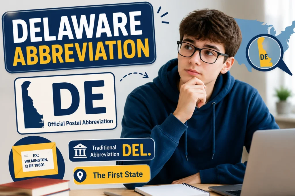 Educational infographic explaining the Delaware abbreviation with a young man studying at a desk, highlighting the official postal abbreviation DE, the traditional abbreviation Del., a Delaware state map, mailing example, and Delaware's nickname "The First State."