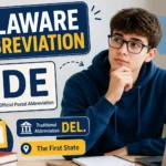 Educational infographic explaining the Delaware abbreviation with a young man studying at a desk, highlighting the official postal abbreviation DE, the traditional abbreviation Del., a Delaware state map, mailing example, and Delaware's nickname "The First State."