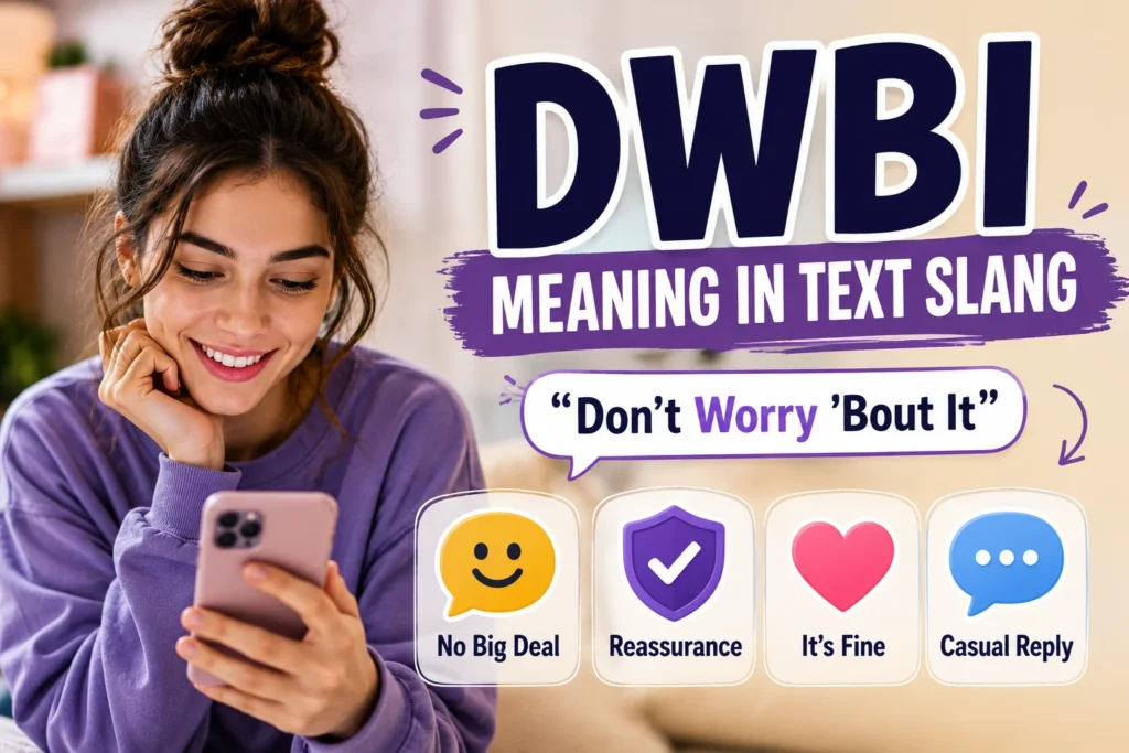 Young woman smiling while looking at her phone with large “DWBI Meaning in Text Slang” text and icons representing reassurance, casual conversation, and “Don’t Worry ’Bout It” meaning in a colorful social media-style featured image.