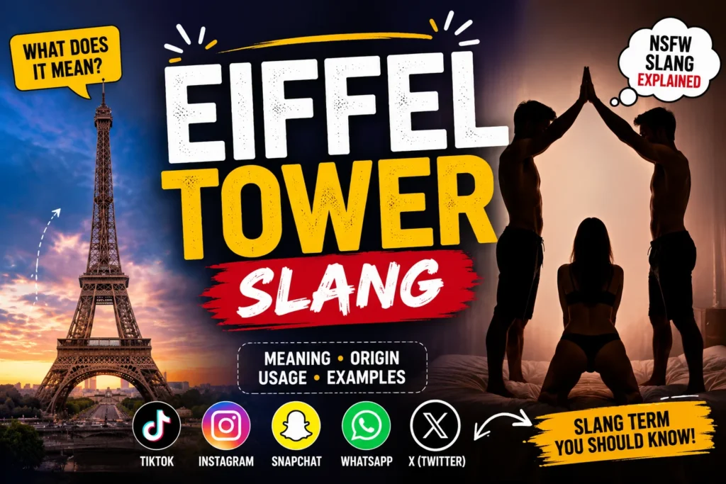 Featured image about Eiffel Tower slang showing the Eiffel Tower landmark on one side and a symbolic adult-themed internet slang reference on the other, illustrating the phrase’s double meaning in online culture, memes, social media, and NSFW slang discussions.