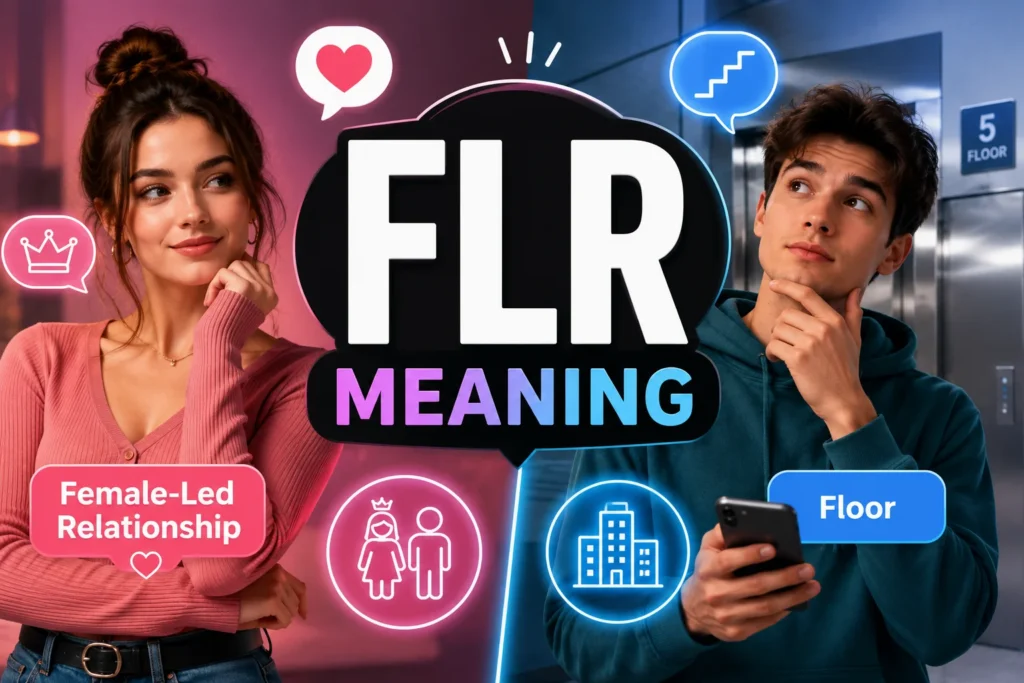 Featured image illustrating FLR meaning with a confident woman representing a Female-Led Relationship on one side and a young man standing near an elevator and floor sign on the other, highlighting the two common meanings of FLR in texting, relationships, and everyday communication.