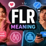 Featured image illustrating FLR meaning with a confident woman representing a Female-Led Relationship on one side and a young man standing near an elevator and floor sign on the other, highlighting the two common meanings of FLR in texting, relationships, and everyday communication.