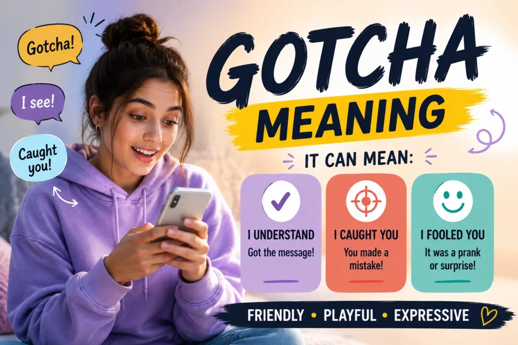 Young woman in a purple hoodie smiling while reading a text message on her phone, alongside a colorful infographic explaining the meaning of “Gotcha” with examples such as “I understand,” “I caught you,” and “I fooled you,” highlighting its friendly, playful, and expressive use in online conversations and texting.