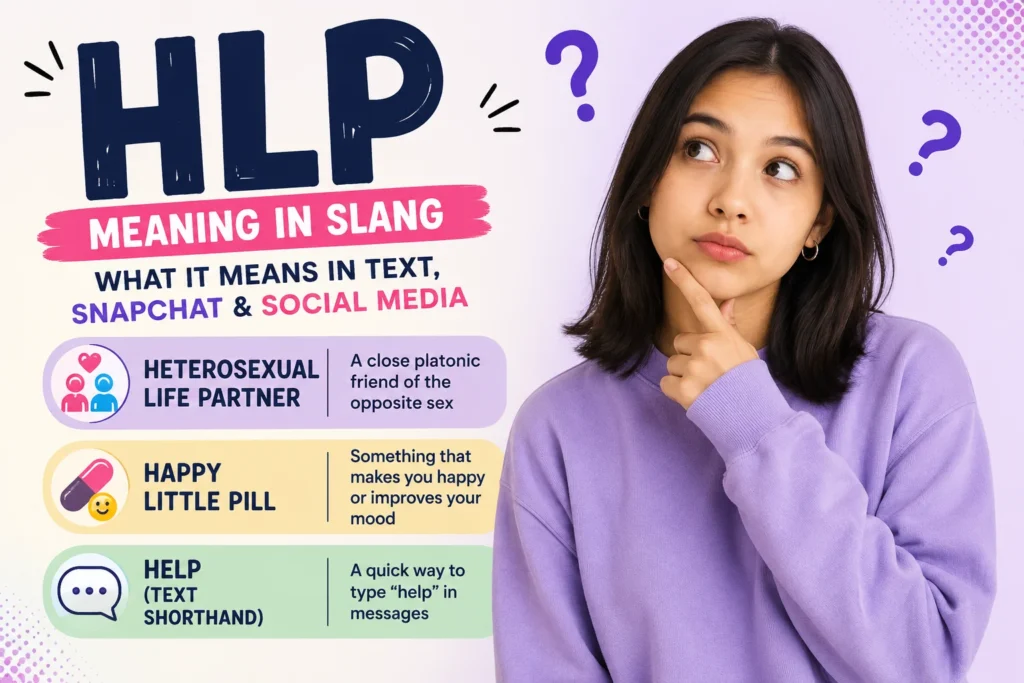 HLP meaning in slang infographic featuring a thoughtful young woman with the possible meanings Heterosexual Life Partner, Happy Little Pill, and Help (text shorthand) for texting, Snapchat, and social media.