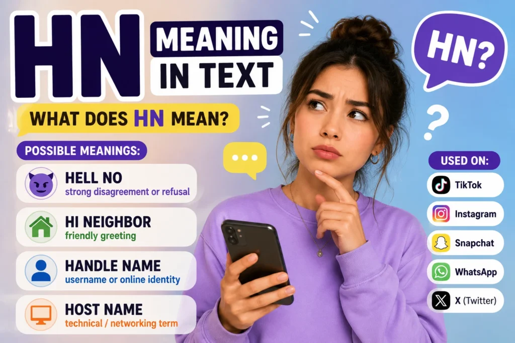 HN meaning in text illustrated with a young woman holding a smartphone, highlighting the common meanings "Hell No," "Hi Neighbor," "Handle Name," and "Host Name" in modern texting and social media conversations.