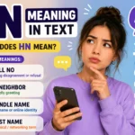 HN meaning in text illustrated with a young woman holding a smartphone, highlighting the common meanings "Hell No," "Hi Neighbor," "Handle Name," and "Host Name" in modern texting and social media conversations.