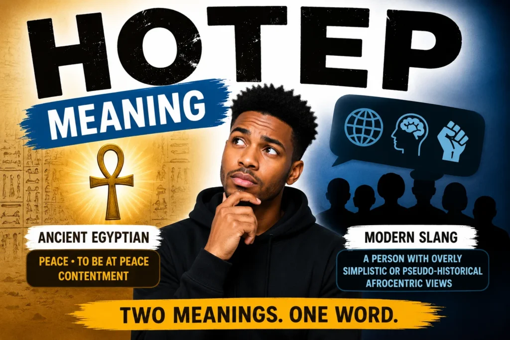 "Hotep meaning explained with an Ancient Egyptian ankh symbol, a thoughtful man, and modern slang illustration showing Hotep as both an Ancient Egyptian word meaning peace and a contemporary internet slang term."