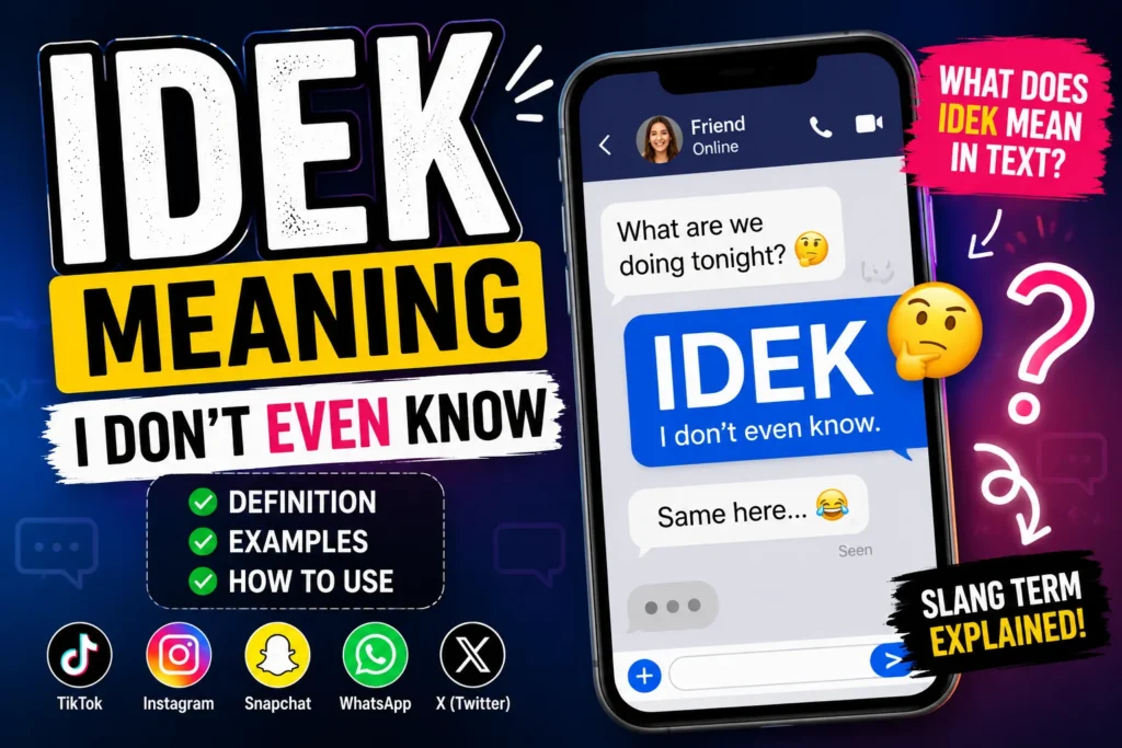 Featured image explaining IDEK meaning in texting and social media, showing a young person looking confused at a smartphone chat with the abbreviation IDEK, question marks, and messaging icons representing confusion, uncertainty, and online communication.