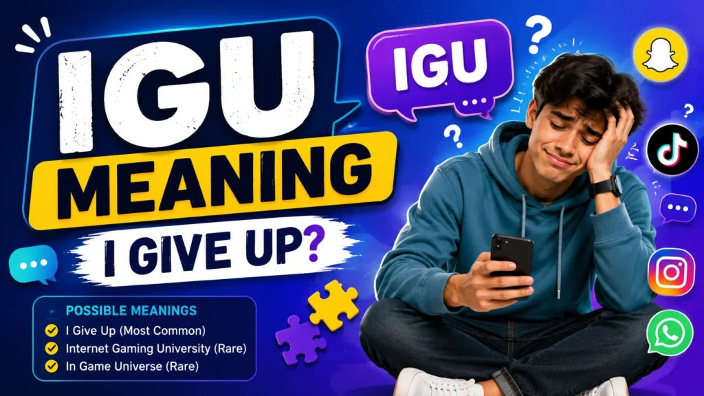 Featured image explaining IGU meaning in texting and social media, showing a frustrated young man holding a smartphone with chat bubbles displaying IGU, question marks, puzzle pieces, and social media icons. The design represents the common meaning "I Give Up" and how the abbreviation is used in texts, Snapchat, TikTok, Instagram, WhatsApp, and online conversations.