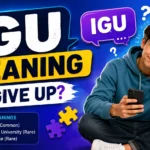 Featured image explaining IGU meaning in texting and social media, showing a frustrated young man holding a smartphone with chat bubbles displaying IGU, question marks, puzzle pieces, and social media icons. The design represents the common meaning "I Give Up" and how the abbreviation is used in texts, Snapchat, TikTok, Instagram, WhatsApp, and online conversations.