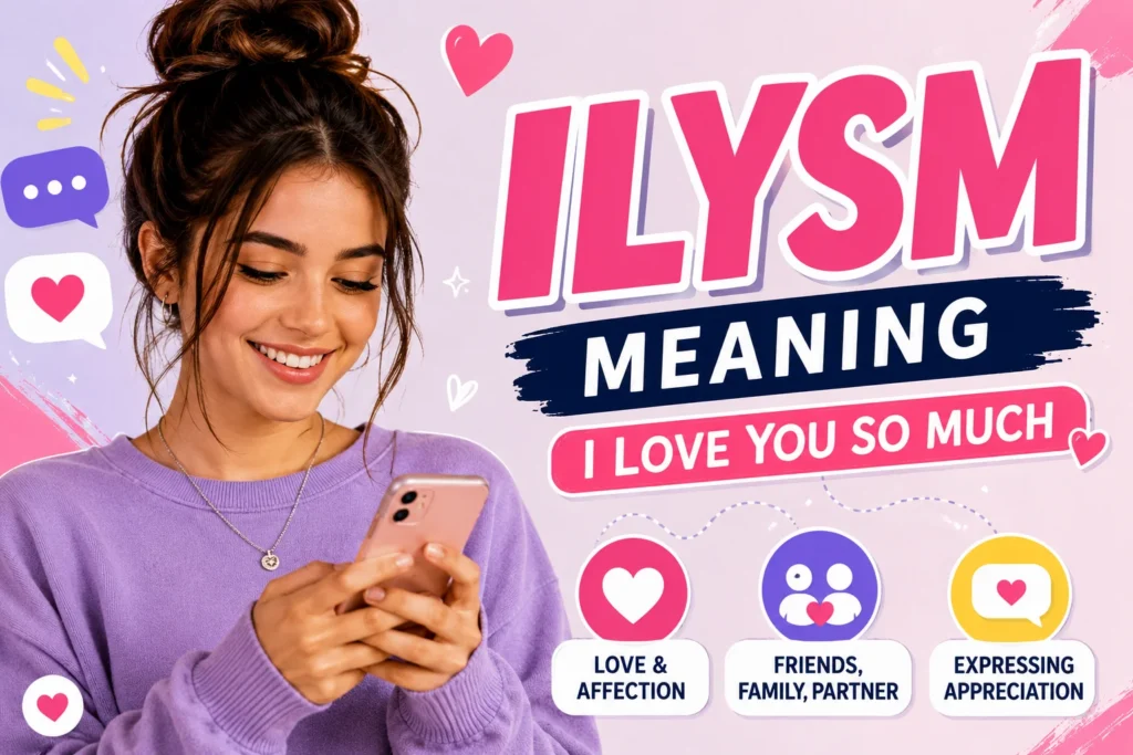 Featured image for “ILYSM Meaning” showing a smiling young woman in a lavender sweater texting on her smartphone, surrounded by heart icons, chat bubbles, and social media symbols. The image highlights the meaning “I Love You So Much” with visual themes of love, affection, friendship, family, relationships, and appreciation.