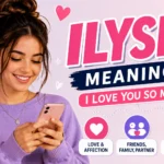Featured image for “ILYSM Meaning” showing a smiling young woman in a lavender sweater texting on her smartphone, surrounded by heart icons, chat bubbles, and social media symbols. The image highlights the meaning “I Love You So Much” with visual themes of love, affection, friendship, family, relationships, and appreciation.