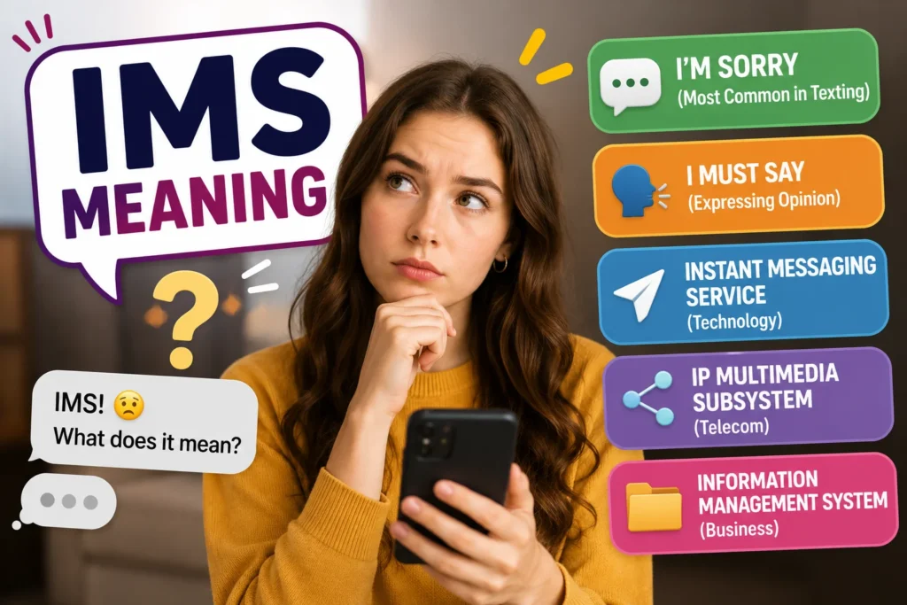 Young woman looking at her phone with an “IMS Meaning” graphic showing common definitions including “I’m Sorry,” “I Must Say,” “Instant Messaging Service,” and “Information Management System” in a colorful explanatory infographic.