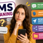 Young woman looking at her phone with an “IMS Meaning” graphic showing common definitions including “I’m Sorry,” “I Must Say,” “Instant Messaging Service,” and “Information Management System” in a colorful explanatory infographic.