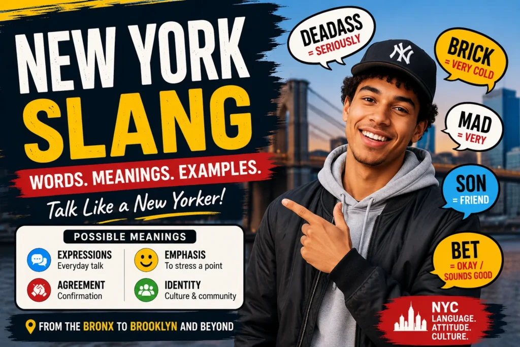 New York slang featured image showing a stylish young woman in front of the NYC skyline with common New York slang terms including "Deadass," "Brick," "Mad," "Son," and "Bet" alongside their meanings.