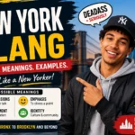 New York slang featured image showing a stylish young woman in front of the NYC skyline with common New York slang terms including "Deadass," "Brick," "Mad," "Son," and "Bet" alongside their meanings.