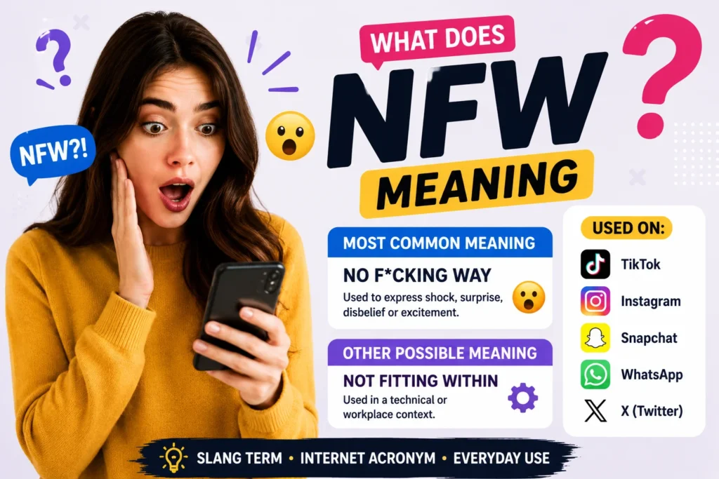 NFW meaning infographic featuring a surprised young woman looking at her smartphone, with visual explanations of NFW as “No F***ing Way” and “Not Fitting Within,” along with TikTok, Instagram, Snapchat, WhatsApp, and X icons representing common social media usage.
