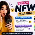 NFW meaning infographic featuring a surprised young woman looking at her smartphone, with visual explanations of NFW as “No F***ing Way” and “Not Fitting Within,” along with TikTok, Instagram, Snapchat, WhatsApp, and X icons representing common social media usage.