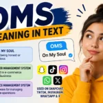 "OMS meaning in text illustrated with a young woman, chat bubbles, and social media icons explaining 'On My Soul,' 'Order Management System,' and 'Office Management System' in a modern digital communication concept."