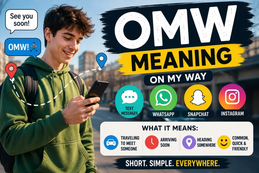 Featured image illustrating the meaning of OMW (On My Way) with a young man checking his phone, highlighting the abbreviation's use in text messages, WhatsApp, Snapchat, and Instagram to indicate someone is heading to a destination.