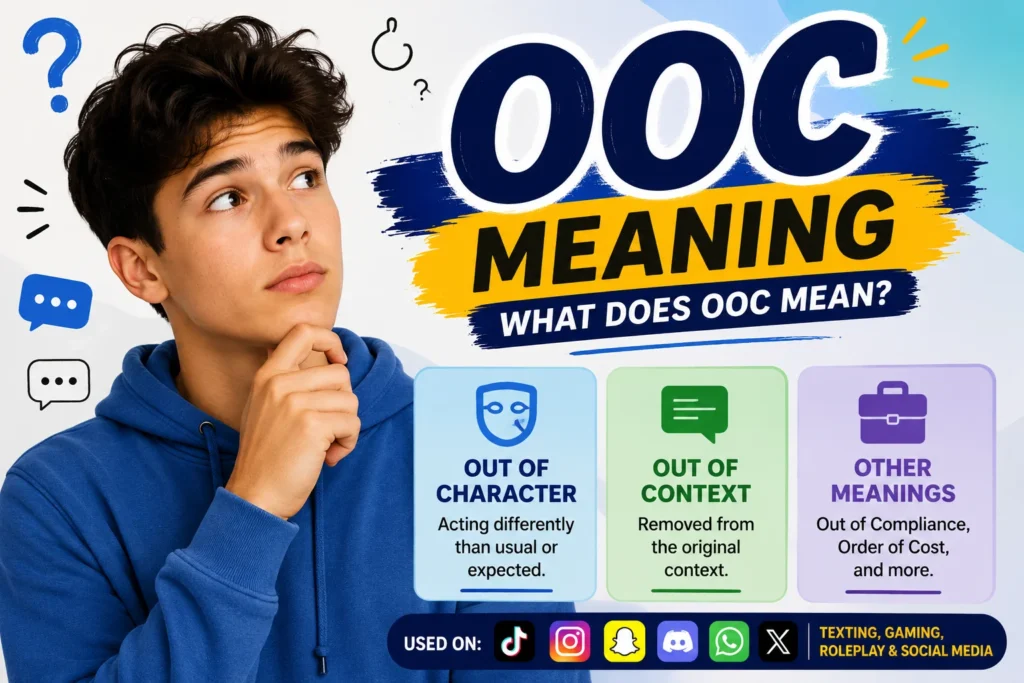 "OOC meaning infographic featuring a thoughtful young man with the main definitions of OOC—Out of Character and Out of Context—plus icons for TikTok, Instagram, Snapchat, Discord, WhatsApp, and X, explaining the popular internet slang term."