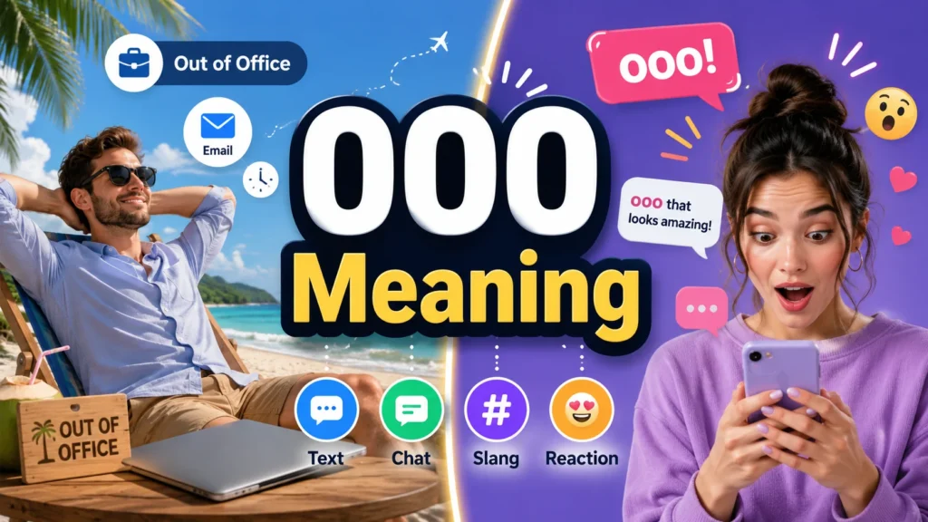 Illustration showing OOO meaning as both Out of Office in workplace communication and an excited reaction in texting and social media chat.