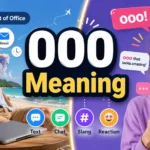 Illustration showing OOO meaning as both Out of Office in workplace communication and an excited reaction in texting and social media chat.