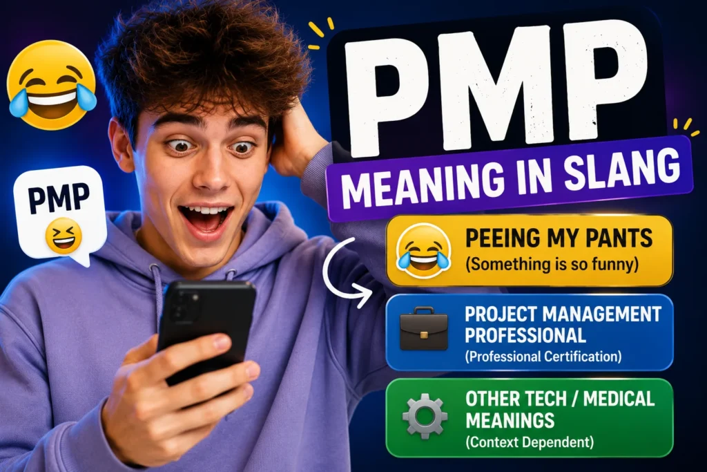 Young man reacting to a phone with a surprised expression beside a PMP meaning infographic showing “Peeing My Pants” as the main slang meaning, along with Project Management Professional and other context-dependent PMP definitions.