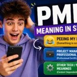 Young man reacting to a phone with a surprised expression beside a PMP meaning infographic showing “Peeing My Pants” as the main slang meaning, along with Project Management Professional and other context-dependent PMP definitions.