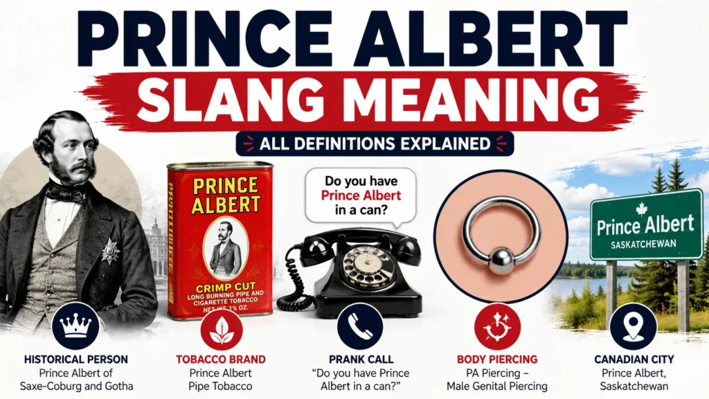 "Prince Albert slang meaning infographic featuring the historical Prince Albert, tobacco brand, prank call reference, body piercing symbol, and Prince Albert, Saskatchewan, explaining the term's multiple meanings."