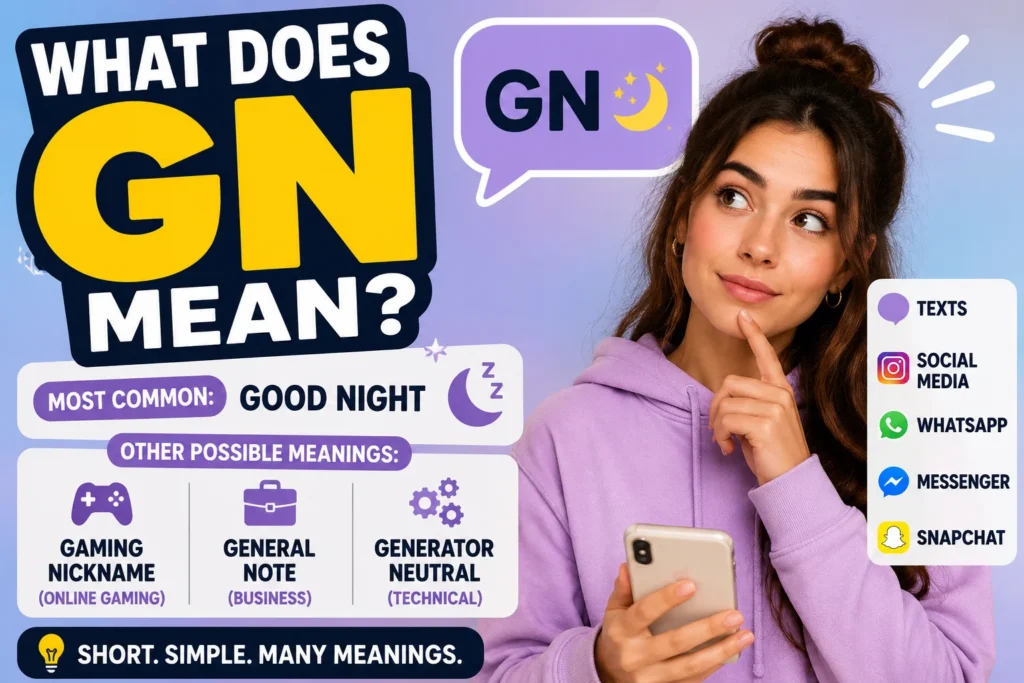 What does GN mean? A young woman holding a smartphone beside bold "GN" text, illustrating the most common meaning "Good Night" and its possible uses in texting, social media, and online conversations.