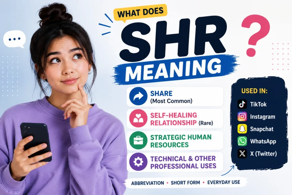 Young woman holding a smartphone and thinking while viewing different meanings of SHR. The featured image highlights SHR as an abbreviation with possible meanings including Share, Self-Healing Relationship, Strategic Human Resources, and other professional uses, alongside social media platform icons for TikTok, Instagram, Snapchat, WhatsApp, and X. Modern infographic-style blog thumbnail with blue, purple, and white colors.