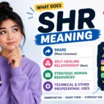 Young woman holding a smartphone and thinking while viewing different meanings of SHR. The featured image highlights SHR as an abbreviation with possible meanings including Share, Self-Healing Relationship, Strategic Human Resources, and other professional uses, alongside social media platform icons for TikTok, Instagram, Snapchat, WhatsApp, and X. Modern infographic-style blog thumbnail with blue, purple, and white colors.