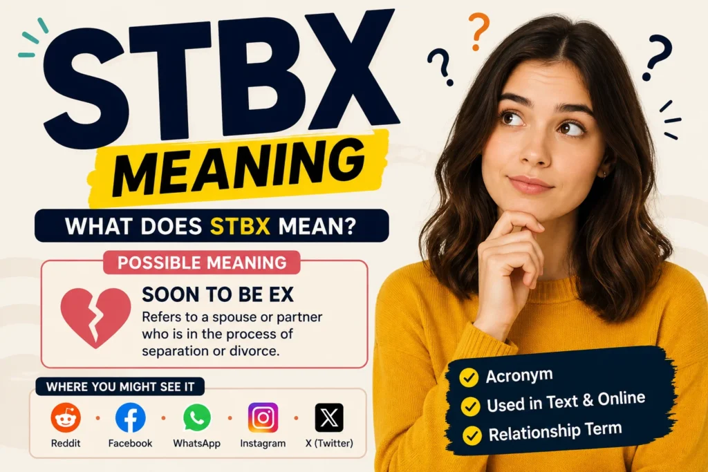 "STBX meaning explained with a thoughtful woman and simple infographic showing that STBX stands for 'Soon To Be Ex,' commonly used in texting, divorce discussions, and online conversations."