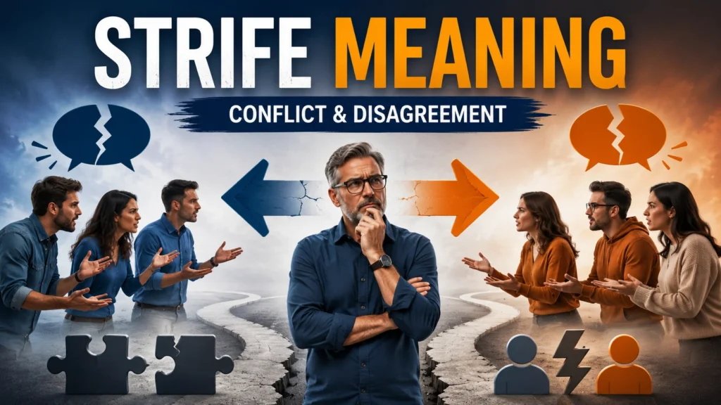 Featured image illustrating the meaning of strife, showing a thoughtful middle-aged man standing between two groups engaged in a disagreement. Broken speech bubbles, opposing arrows, mismatched puzzle pieces, and a divided pathway visually represent conflict, tension, and disagreement. The design uses blue and orange tones with the text "Strife Meaning" and "Conflict & Disagreement" to explain the concept of strife in a clear, educational way.