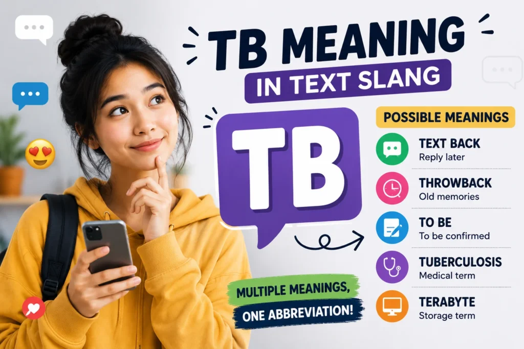 TB meaning in text slang infographic featuring a young woman using her smartphone with the keyword "TB" and its possible meanings: Text Back, Throwback, To Be, Tuberculosis, and Terabyte, alongside messaging and social media icons.