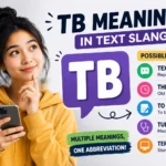 TB meaning in text slang infographic featuring a young woman using her smartphone with the keyword "TB" and its possible meanings: Text Back, Throwback, To Be, Tuberculosis, and Terabyte, alongside messaging and social media icons.