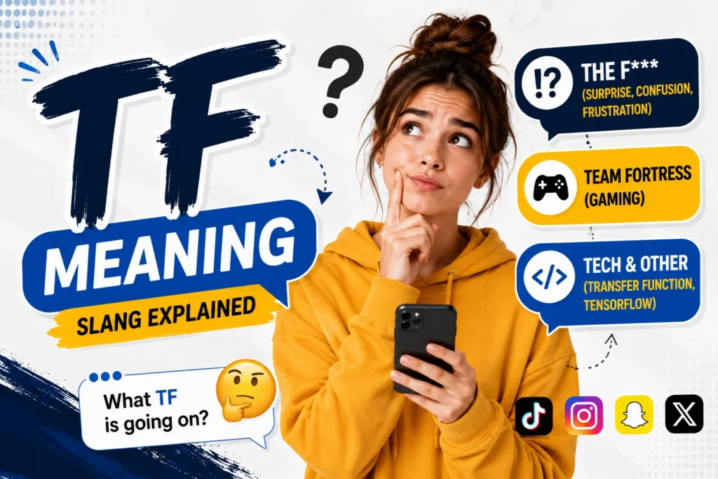 Young woman in a yellow hoodie holding a smartphone and looking thoughtfully at the acronym "TF," surrounded by icons and visual clues representing its common meanings, including internet slang, gaming references, and technology terms, in a modern educational infographic design.