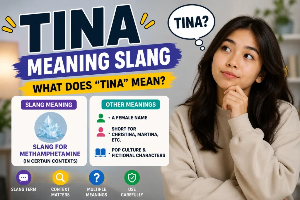 "Featured illustration explaining the slang meaning of Tina, showing a thoughtful young woman beside the keyword 'Tina' with its possible meanings, including a slang definition in specific contexts and common non-slang uses such as a female name and pop culture references."